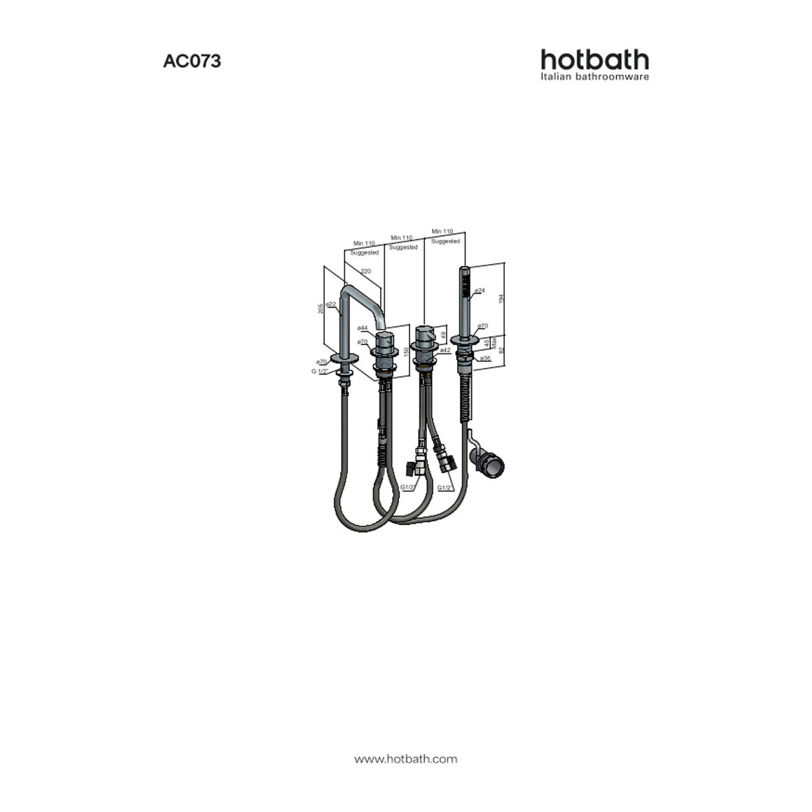 Hotbath Ace AC073 badrandcombinatie 4-gats met uitloop, handdouche en 2-weg omstel technische tekening