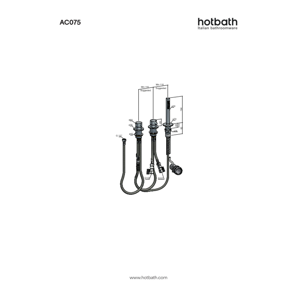 Hotbath Ace AC075 badrandcombinatie 3-gats met handdouche en 2-weg omstel technische tekening
