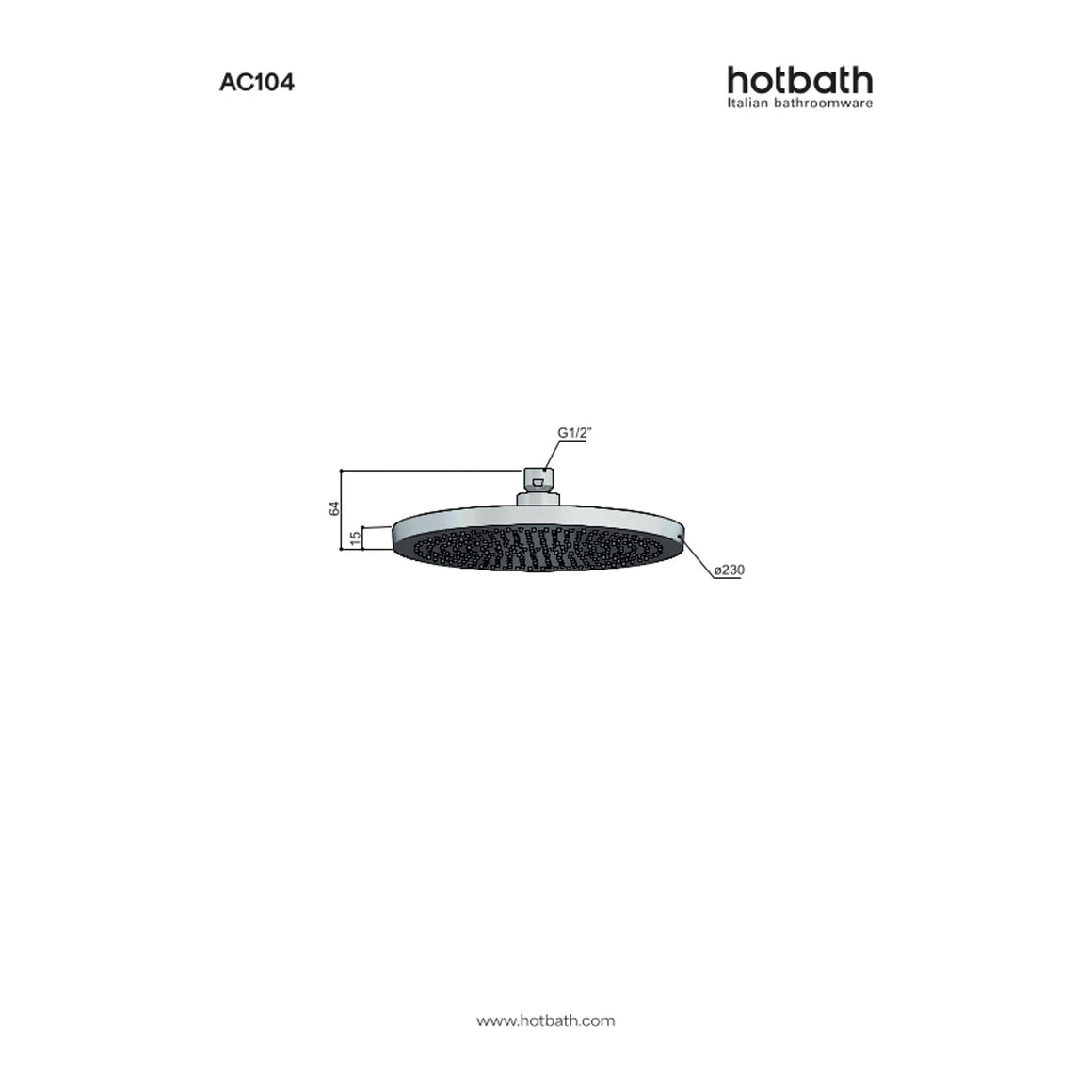 Hotbath Ace AC104 hoofddouche Velvet rond 23 cm technische tekening