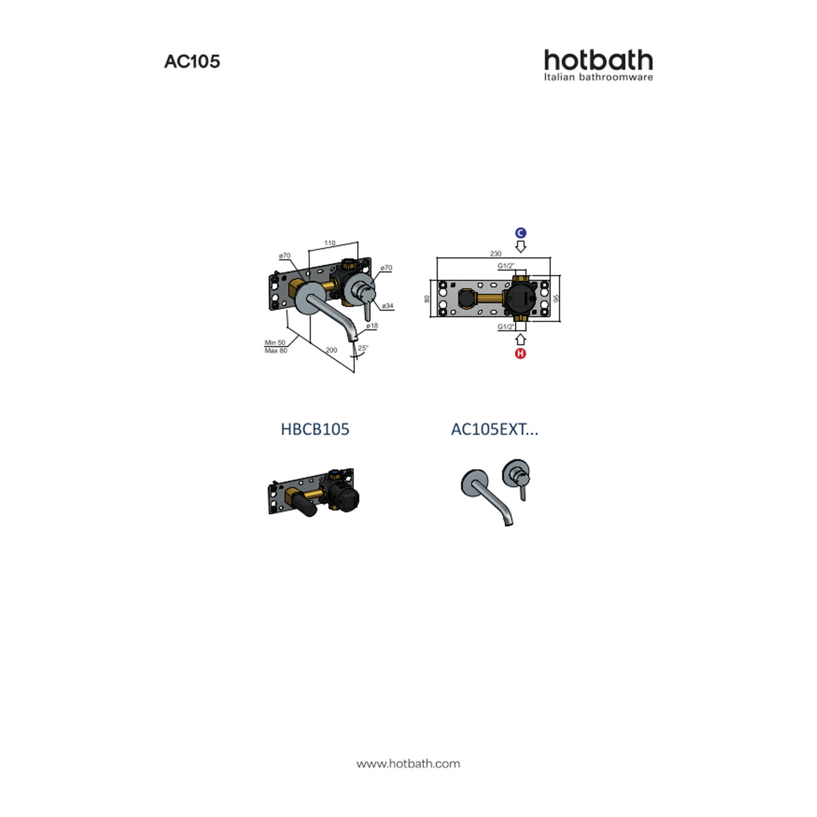 Hotbath Ace AC105 inbouw wastafelmengkraan met 20 cm uitloop technische tekening