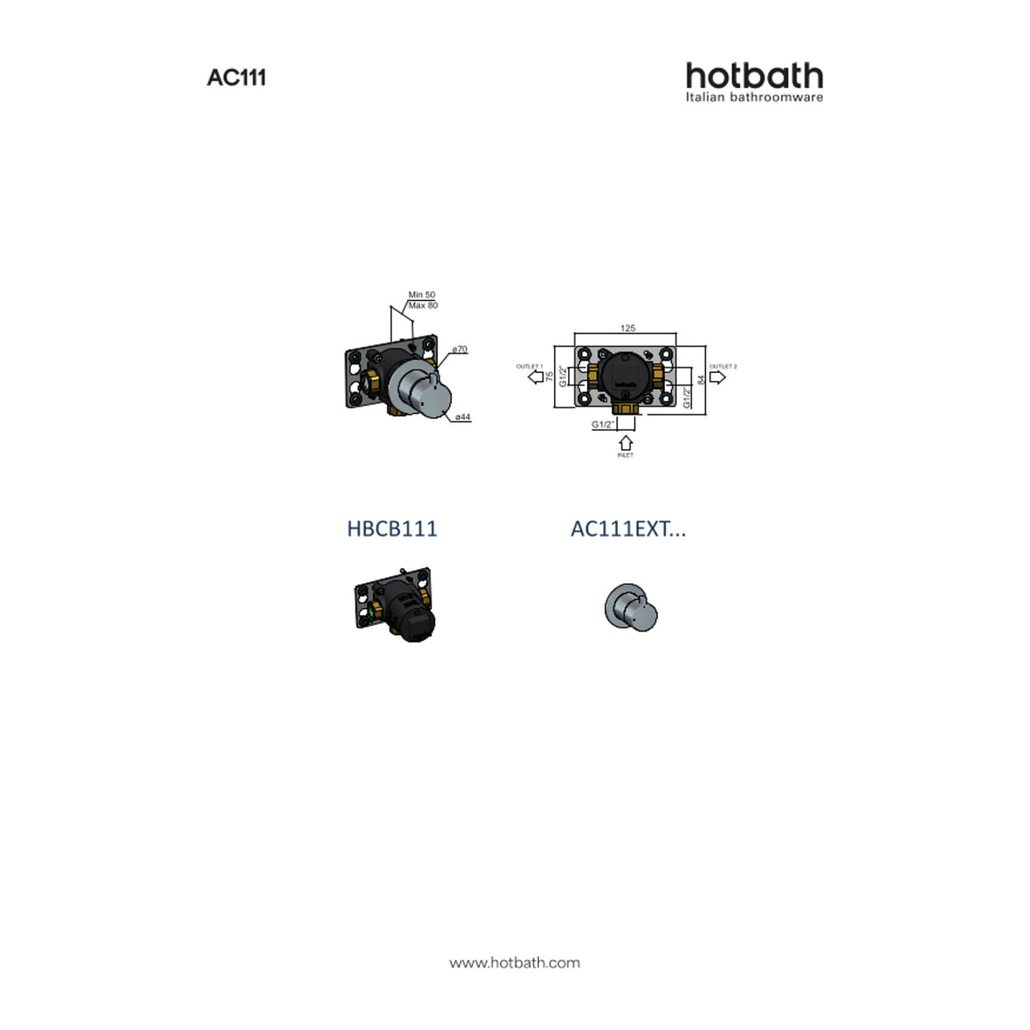 Hotbath Ace AC111 inbouw 2-weg omstel technische tekening
