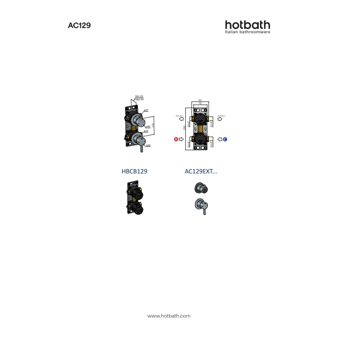 Hotbath Ace AC129 inbouw douchemengkraan met 2-weg omstel technische tekening