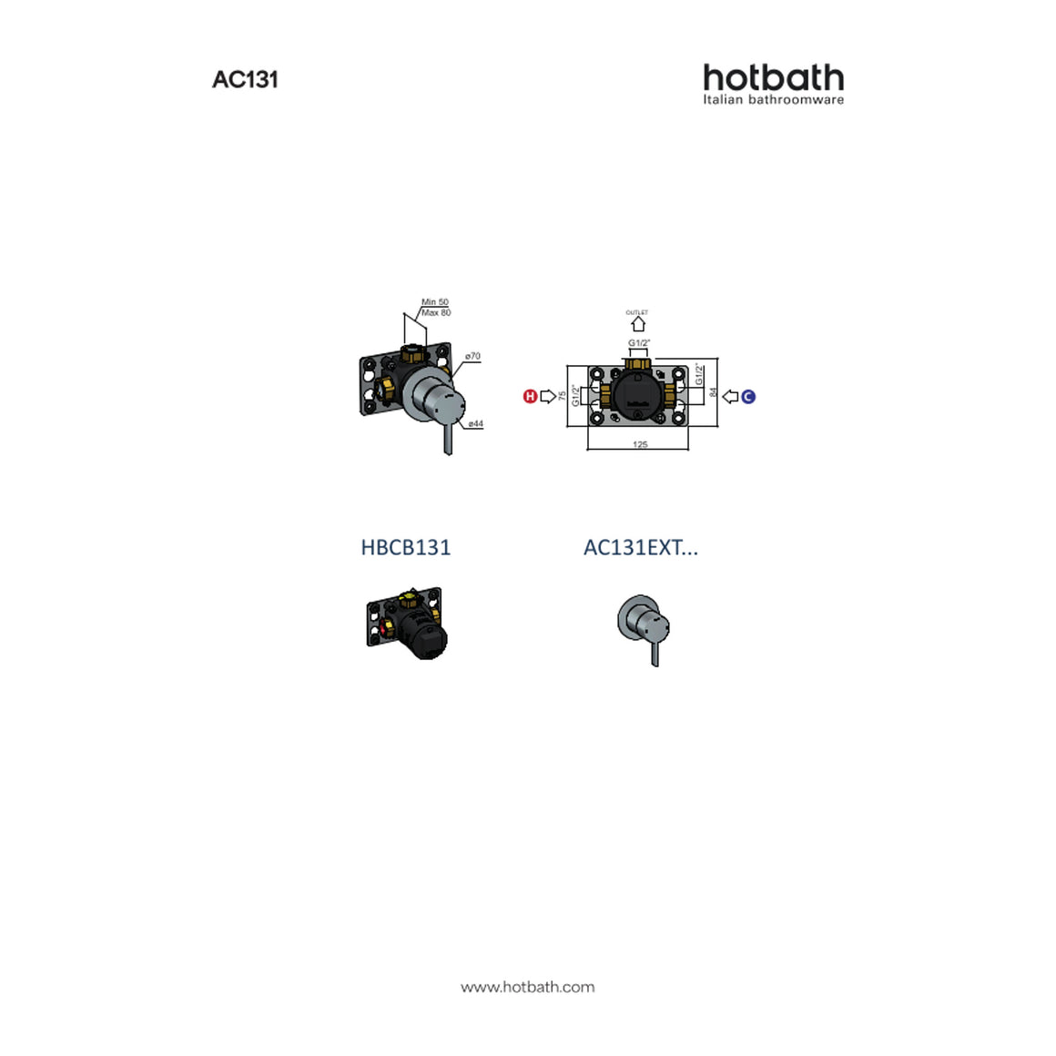 Hotbath Ace AC131 inbouw douchemengkraan technische tekening