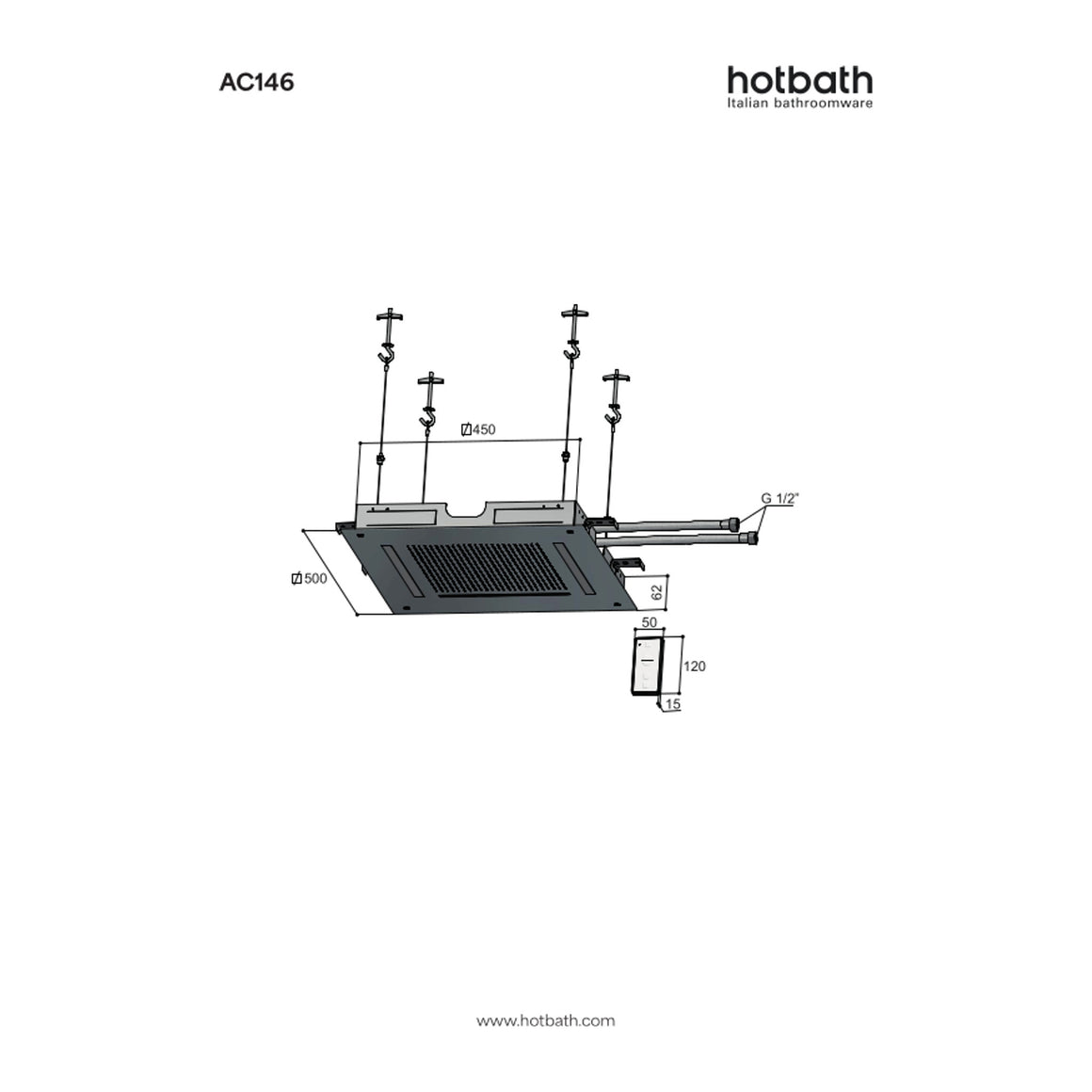 Hotbath Ace AC146 inbouw hoofddouche 50x50 cm met waterval en LED technische tekening