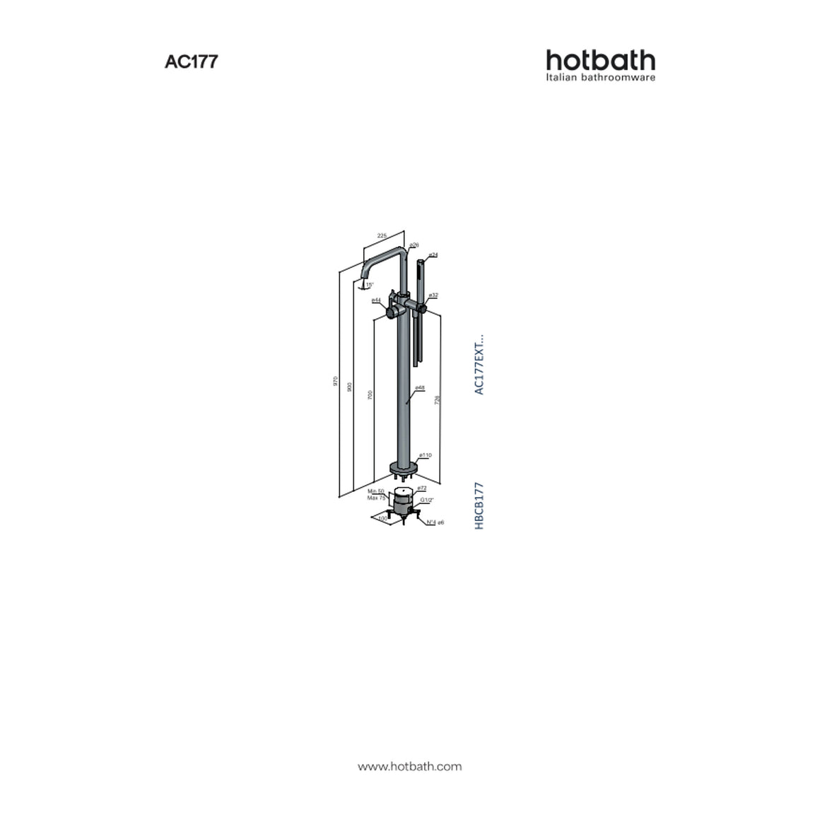 Hotbath Ace AC177 vrijstaande badmengkraan met handdouche technische tekening