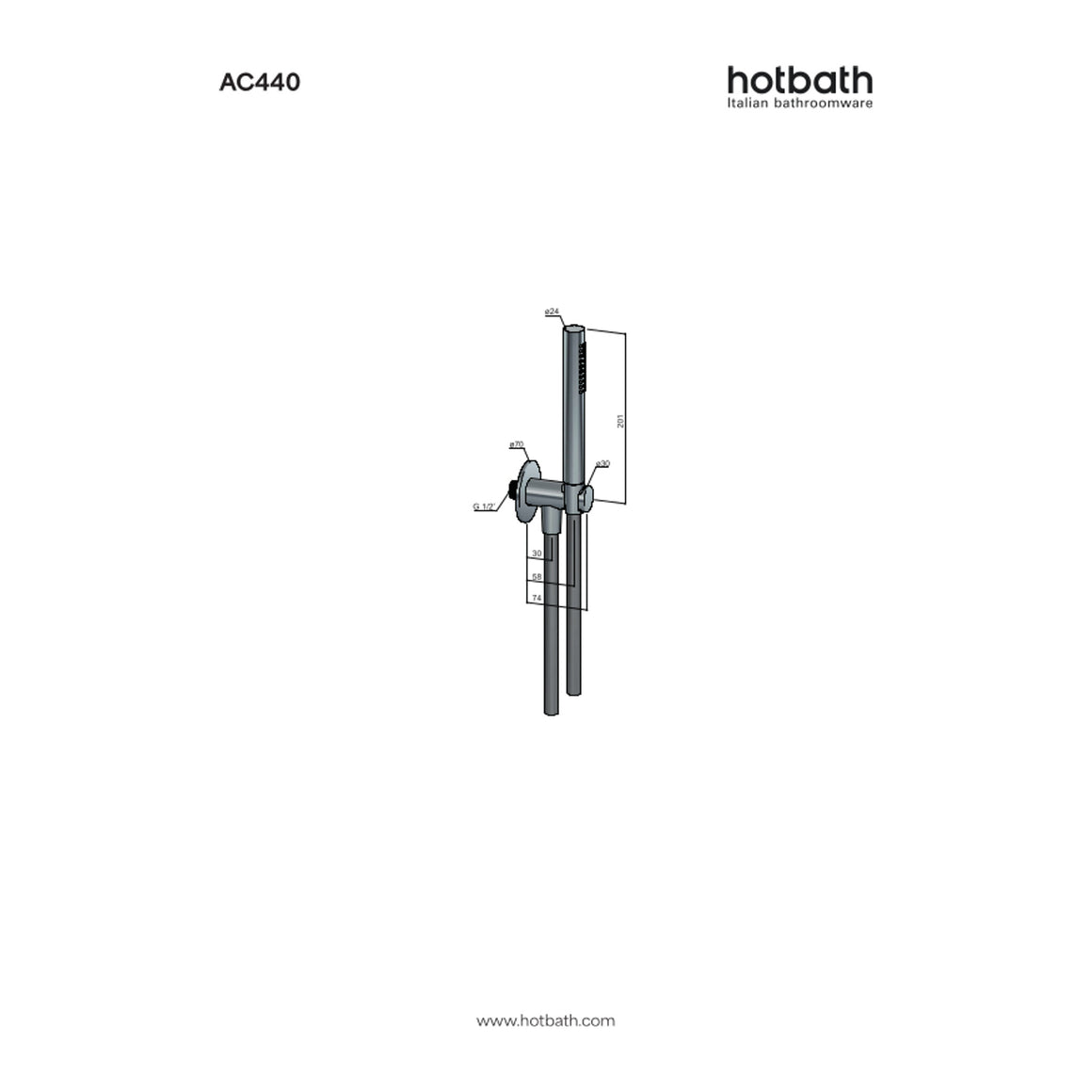 Hotbath Ace AC440 handdoucheset met wandhouder, wanduitlaat en doucheslang 150 cm technische tekening