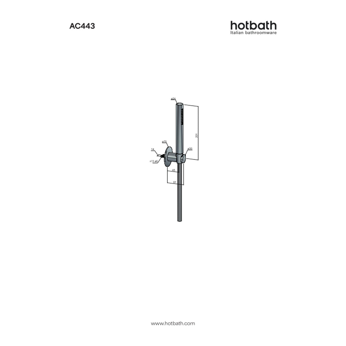 Hotbath Ace AC443 handdoucheset met wandhouder en doucheslang 150 cm technische tekening