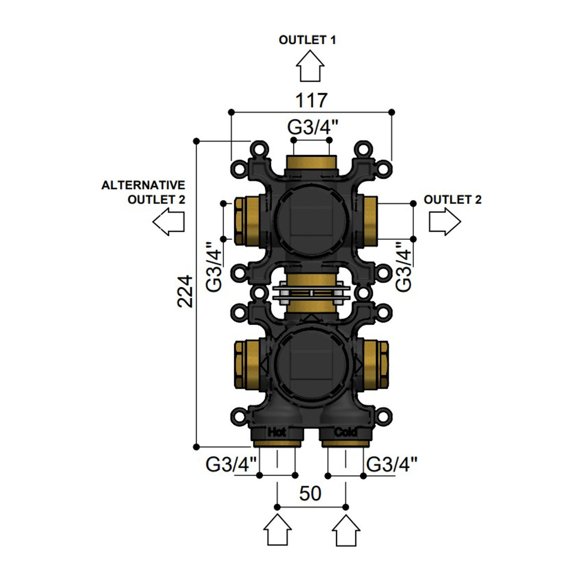 Hotbath Ace HBAC009 inbouwdeel voor thermostaat met 2-weg stop-omstel technische tekening