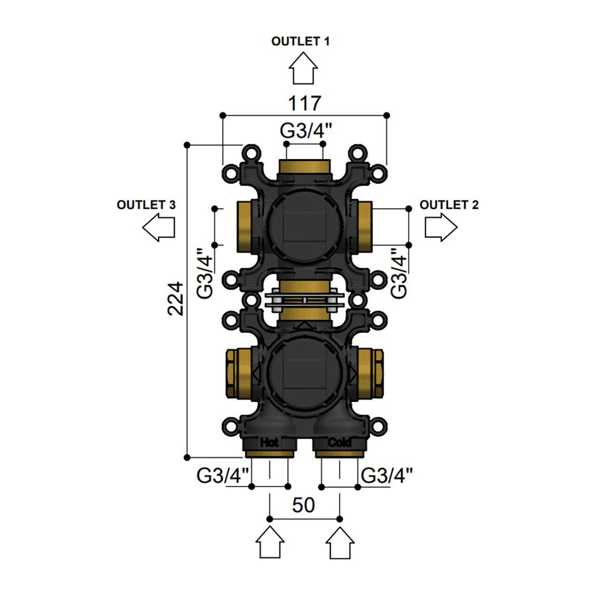 Hotbath Ace HBAC039 inbouwdeel voor thermostaat met 3-weg stop-omstel technische tekening