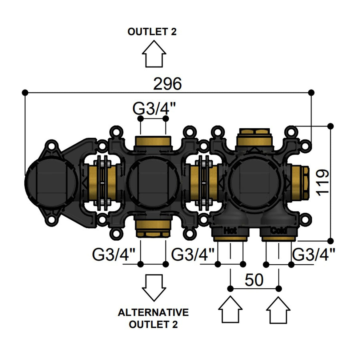 Hotbath Ace HBAC071 inbouwdeel voor thermostaat met 2-weg omstel en handdouchehouder technische tekening
