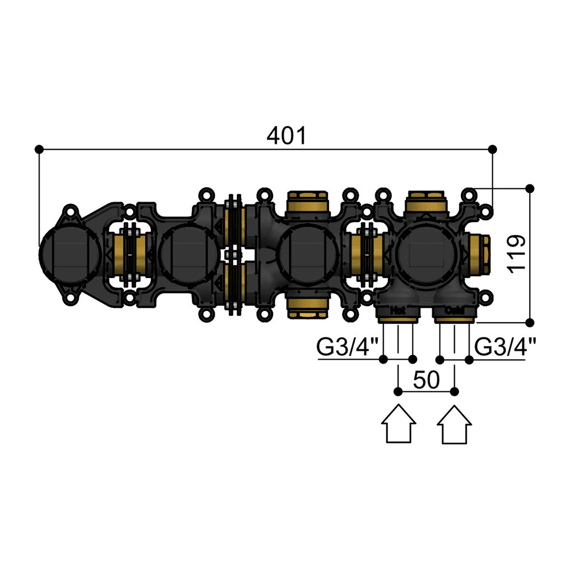 Hotbath Ace HBAC072 inbouwdeel voor badthermostaat met uitloop en handdouchehouder technische tekening