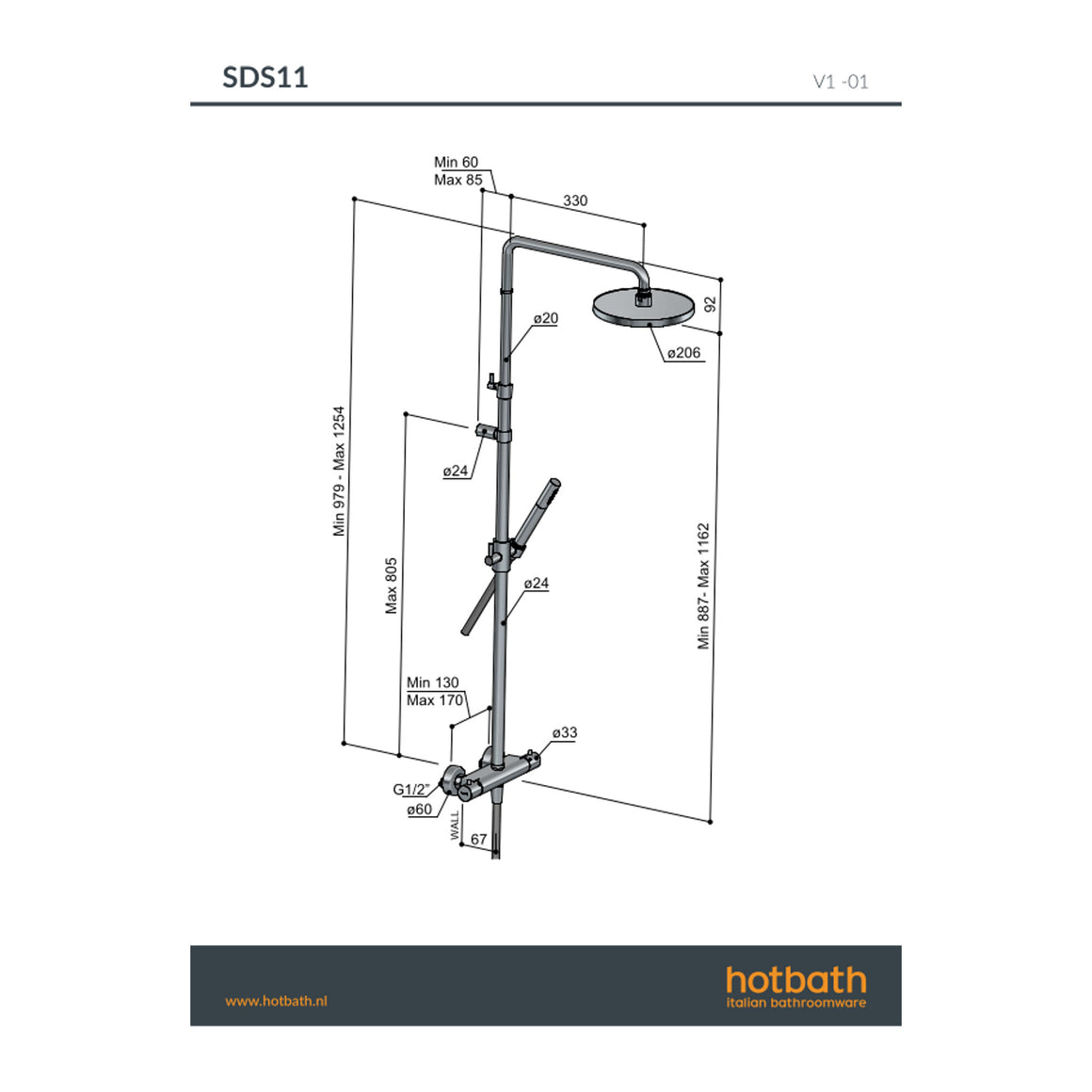Hotbath Ace SDS11 thermostatische regendoucheset opbouw technische tekening