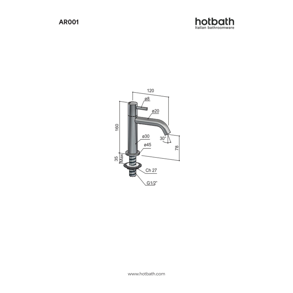 Hotbath Archie AR001 fonteinkraan RVS 316 technische tekening
