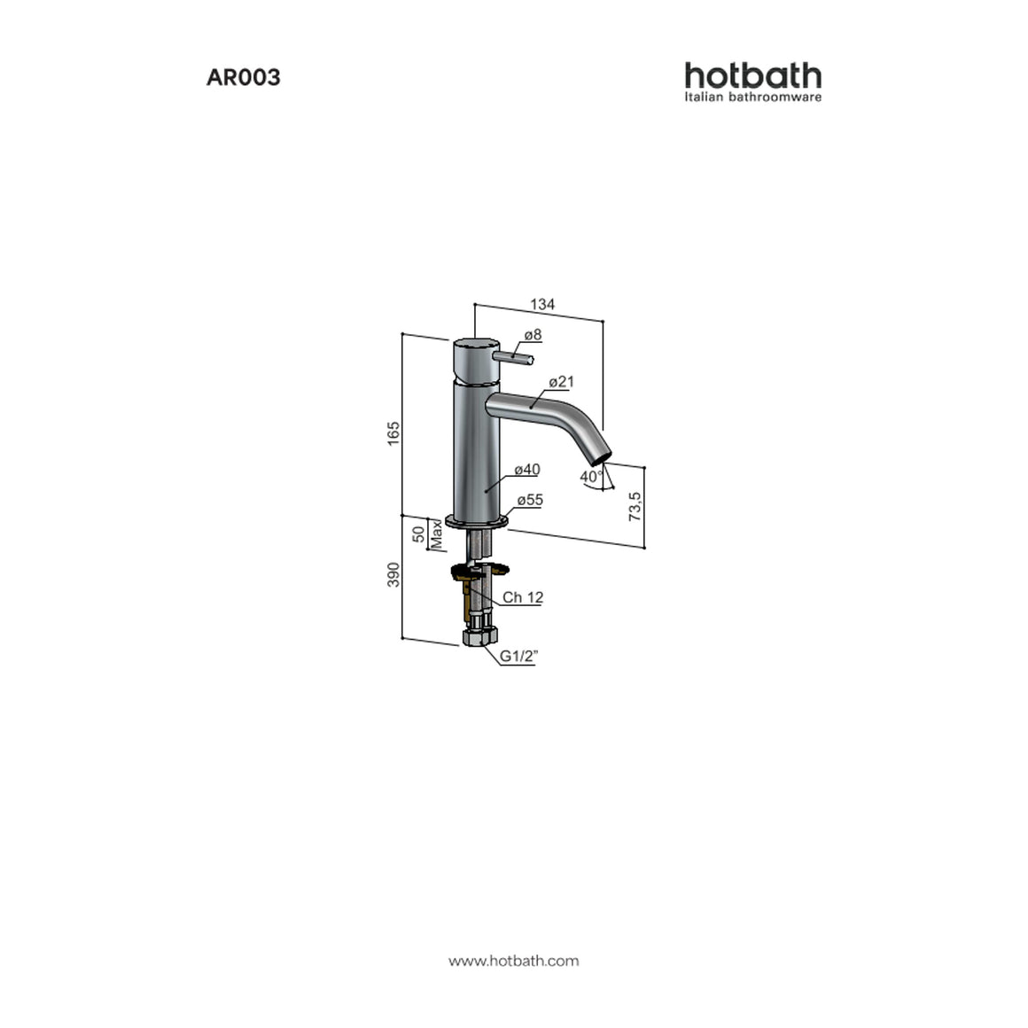 Hotbath Archie AR003 wastafelmengkraan RVS 316 technische tekening