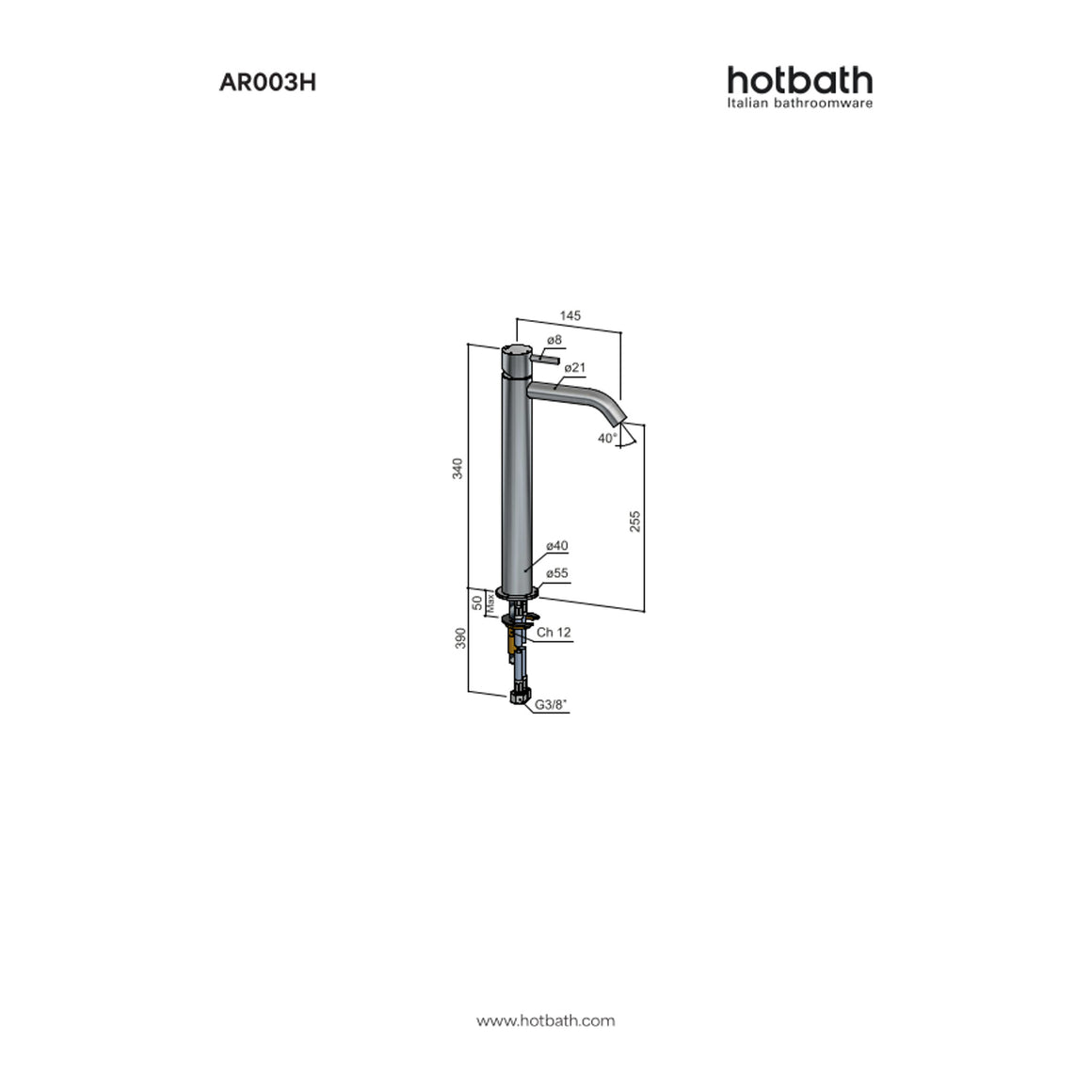 Hotbath Archie AR003H hoge wastafelmengkraan RVS 316 technische tekening