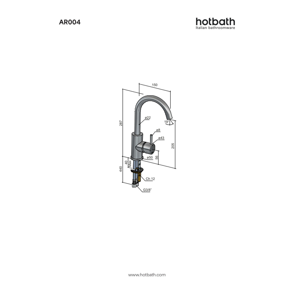Hotbath Archie AR004 wastafelmengkraan met draaibare uitloop RVS 316 technische tekening