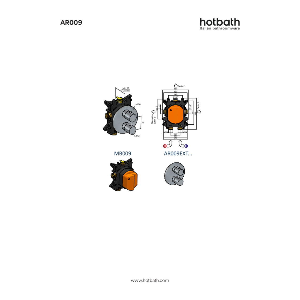 Hotbath Archie AR009 inbouw thermostaat met 2-weg stop-omstel RVS 316 technische tekening