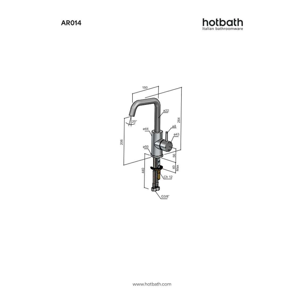 Hotbath Archie AR014 wastafelmengkraan met draaibare uitloop RVS 316 technische tekening