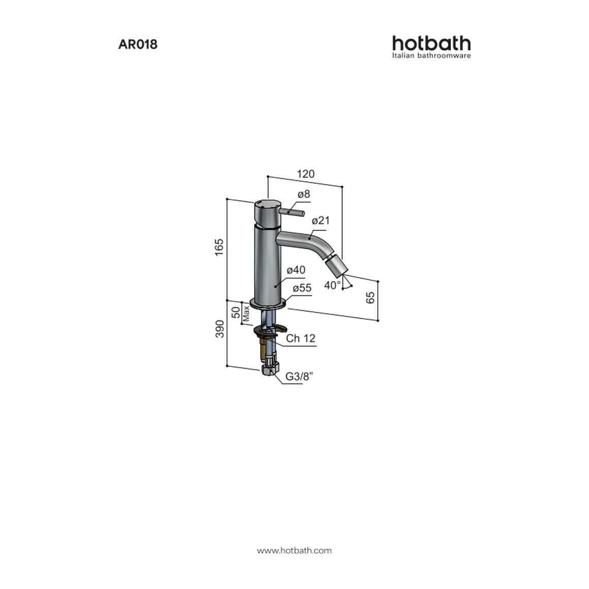Hotbath Archie AR018 bidetmengkraan RVS 316 technische tekening