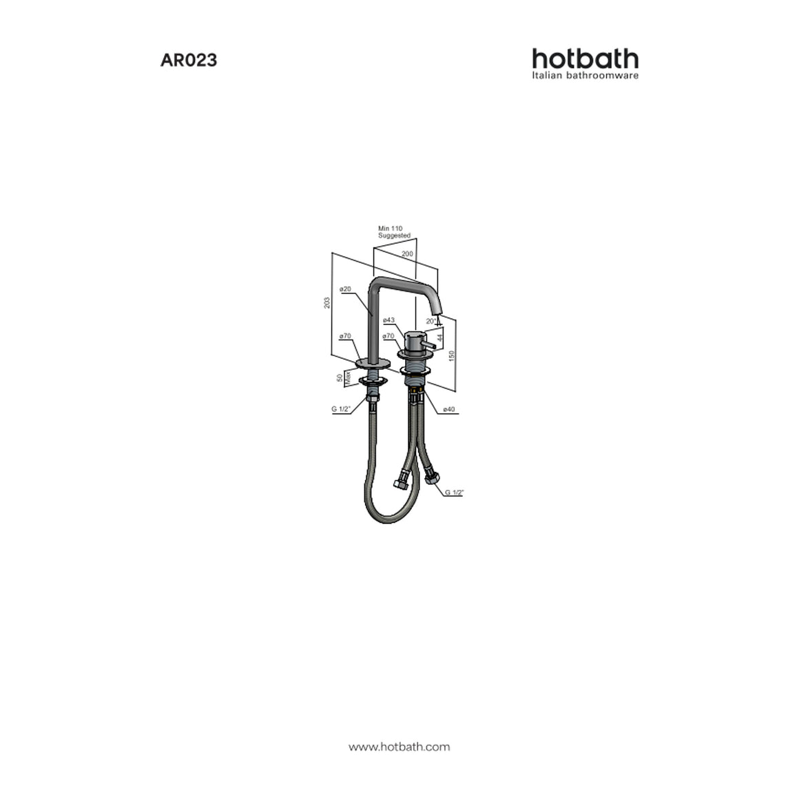Hotbath Archie AR023 2-gats wastafelmengkraan RVS 316 technische tekening