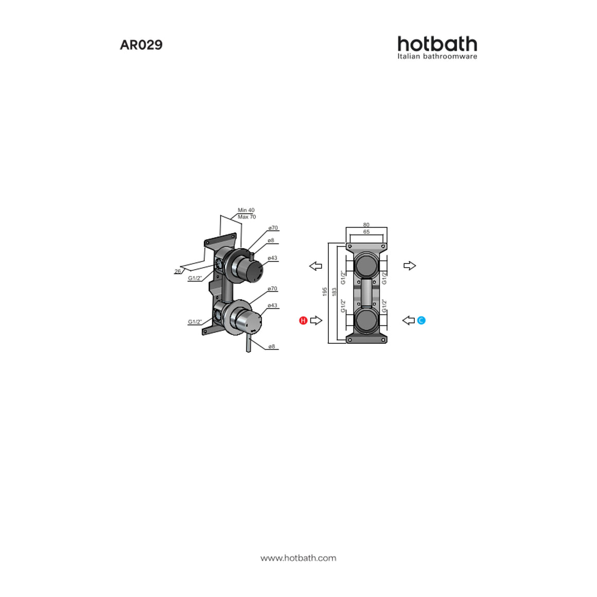 Hotbath Archie AR029 inbouw douchemengkraan met 2-weg omstel RVS 316 technische tekening