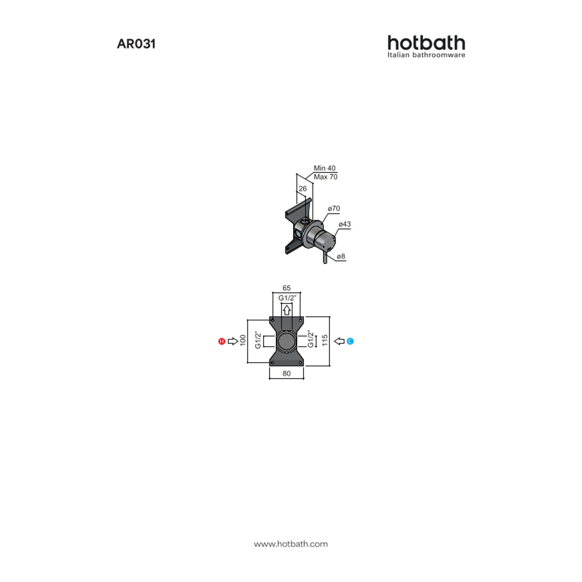 Hotbath Archie AR031 inbouw douchemengkraan RVS 316 technische tekening