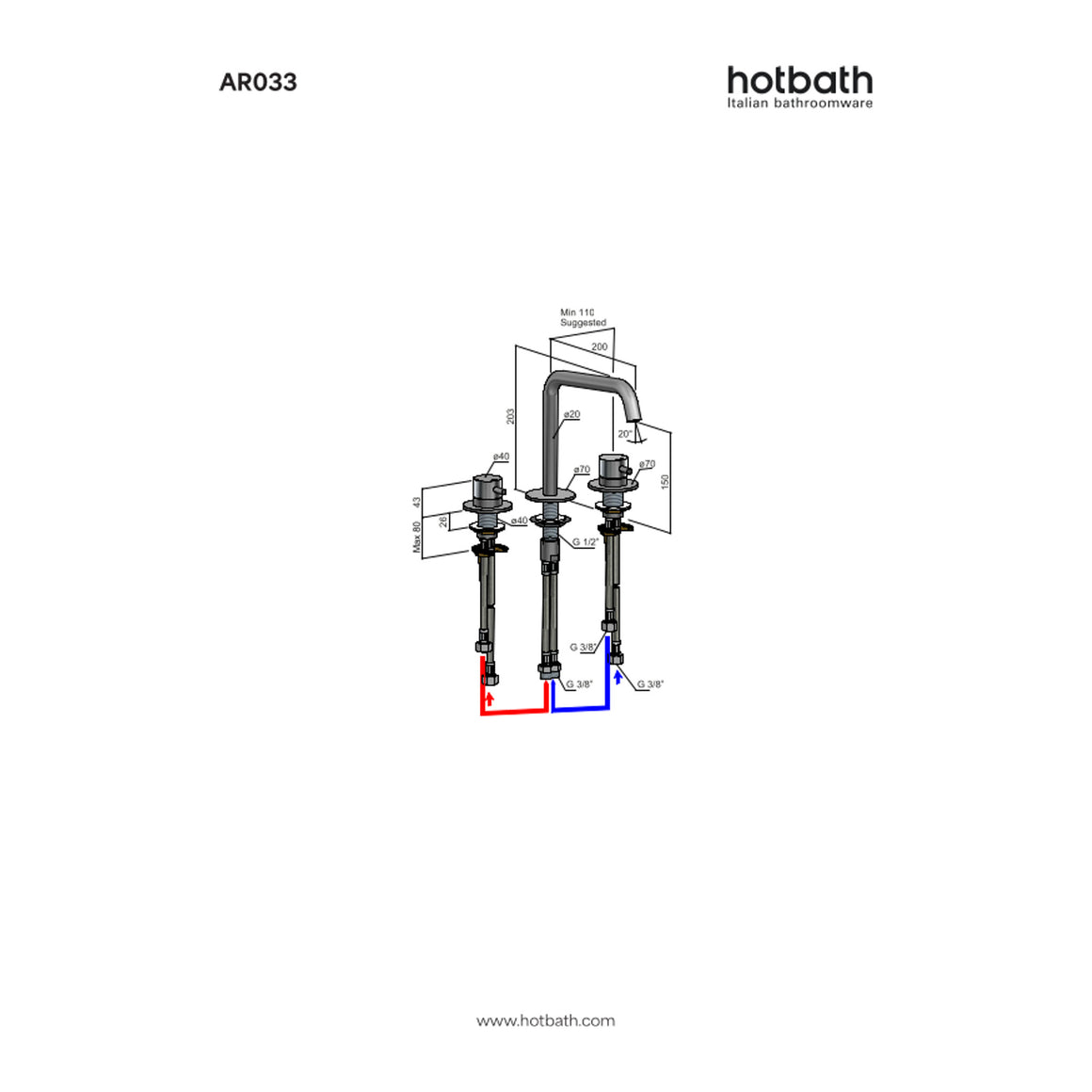 Hotbath Archie AR033 3-gats wastafelmengkraan RVS 316 technische tekening