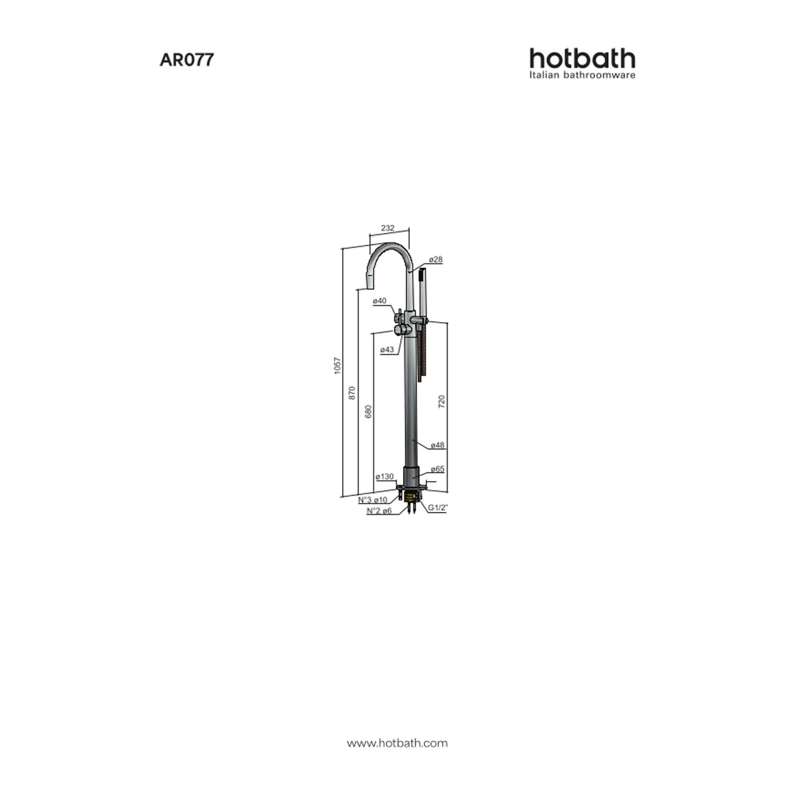 Hotbath Archie AR077 vrijstaande badmengkraan met draaibare uitloop RVS 316 technische tekening