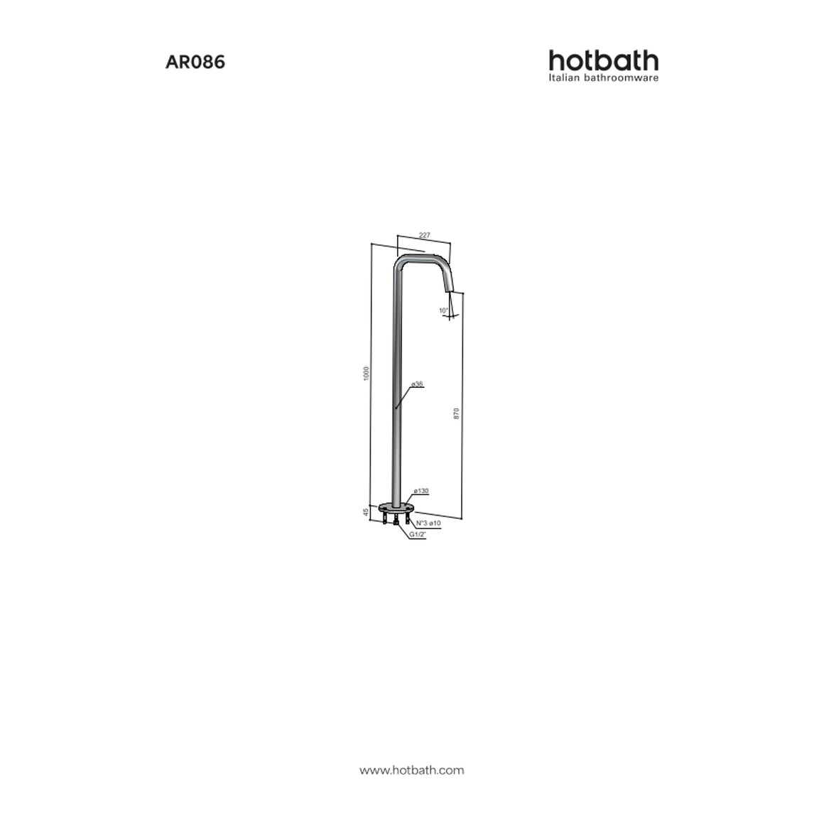 Hotbath Archie AR086 vrijstaande baduitloop RVS 316 technische tekening