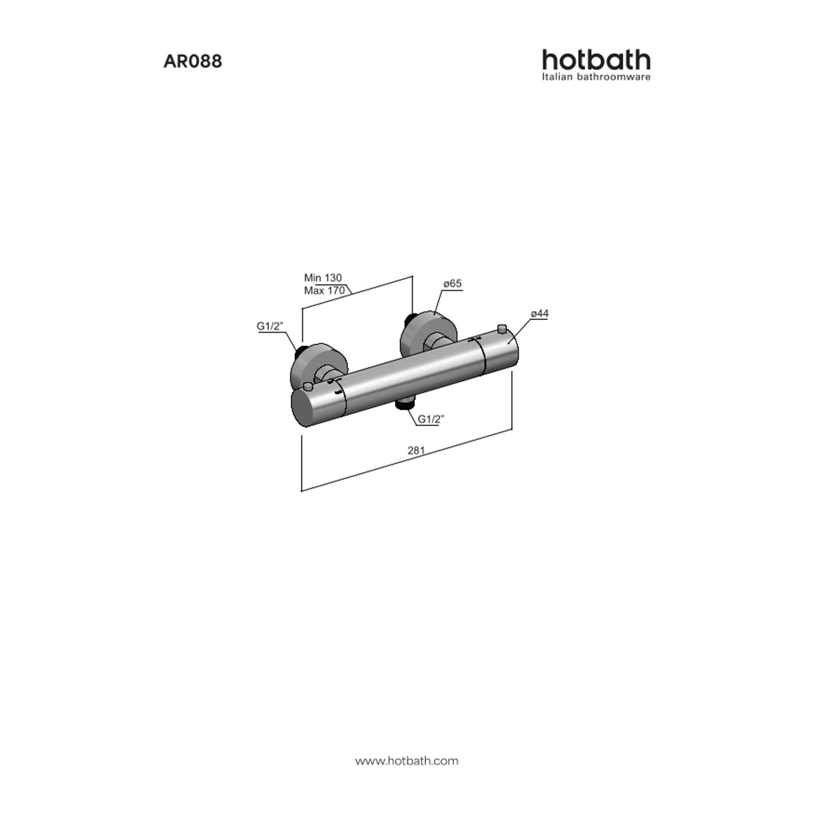 Hotbath Archie AR088 thermostatische douchemengkraan opbouw RVS 316 technische tekening