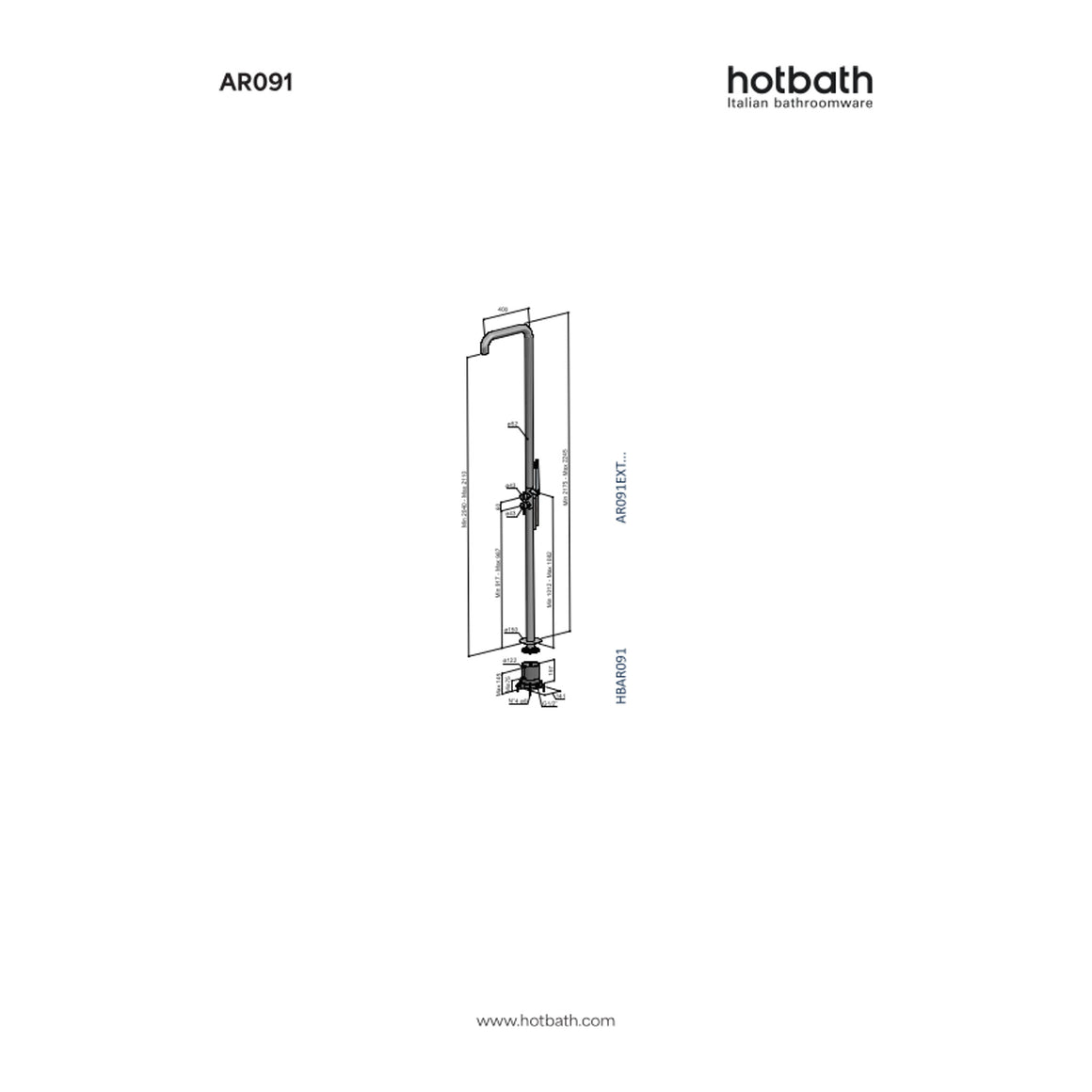 Hotbath Archie AR091 vrijstaande buitendouche RVS 316 technische tekening