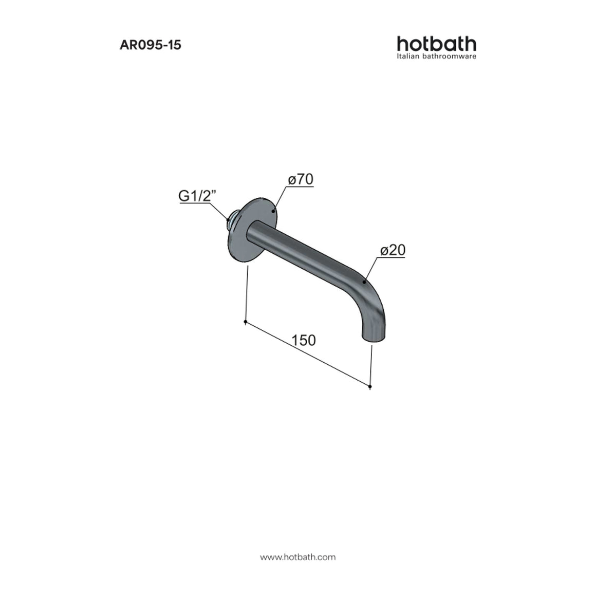 Hotbath Archie AR095 inbouw muuruitloop RVS 316 15 cm technische tekening