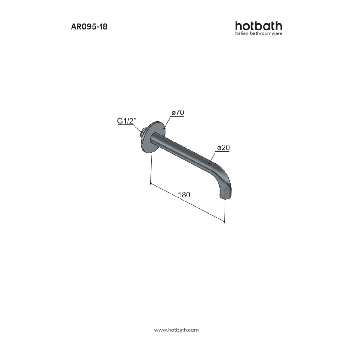 Hotbath Archie AR095 inbouw muuruitloop RVS 316 18 cm technische tekening
