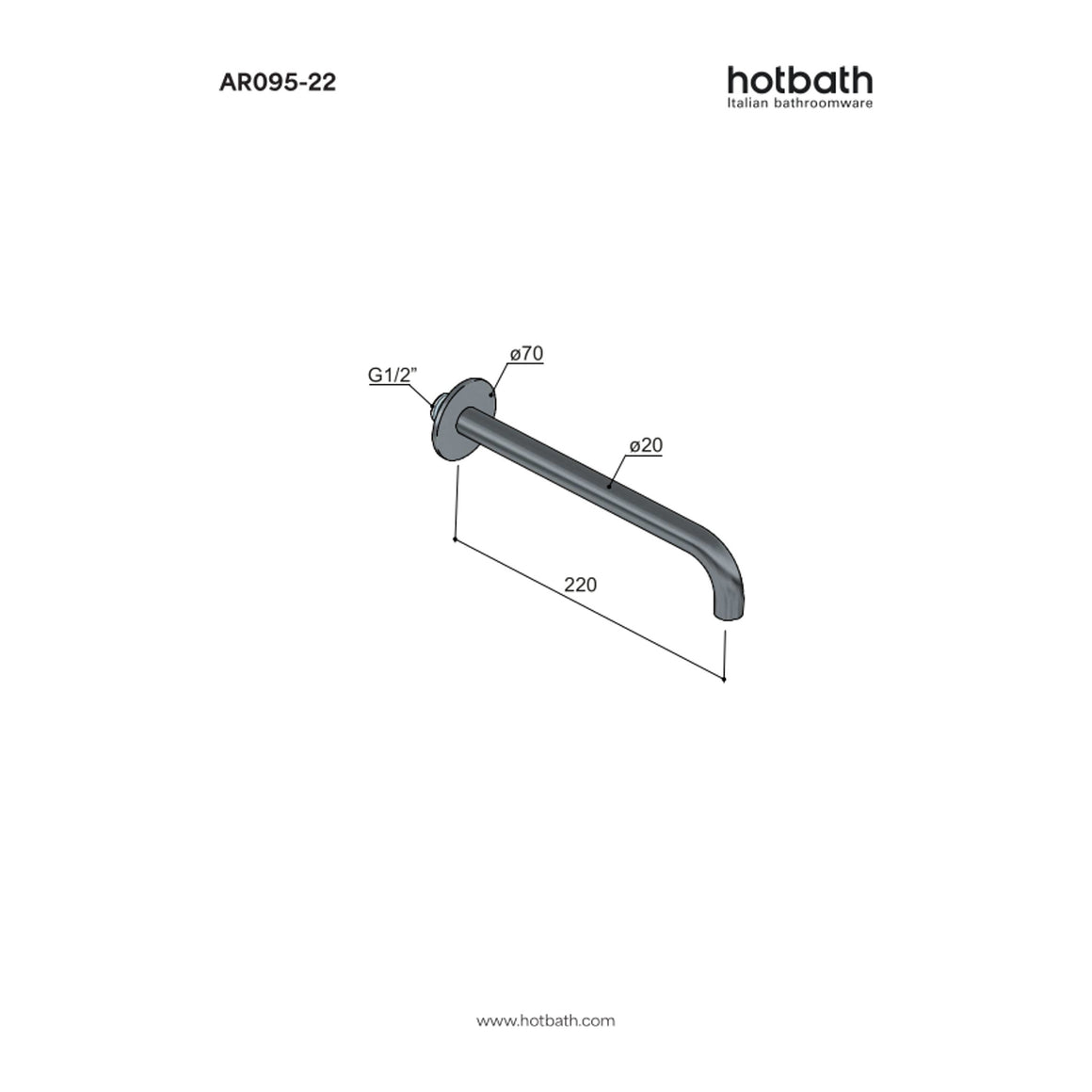 Hotbath Archie AR095 inbouw muuruitloop RVS 316 22 cm technische tekening