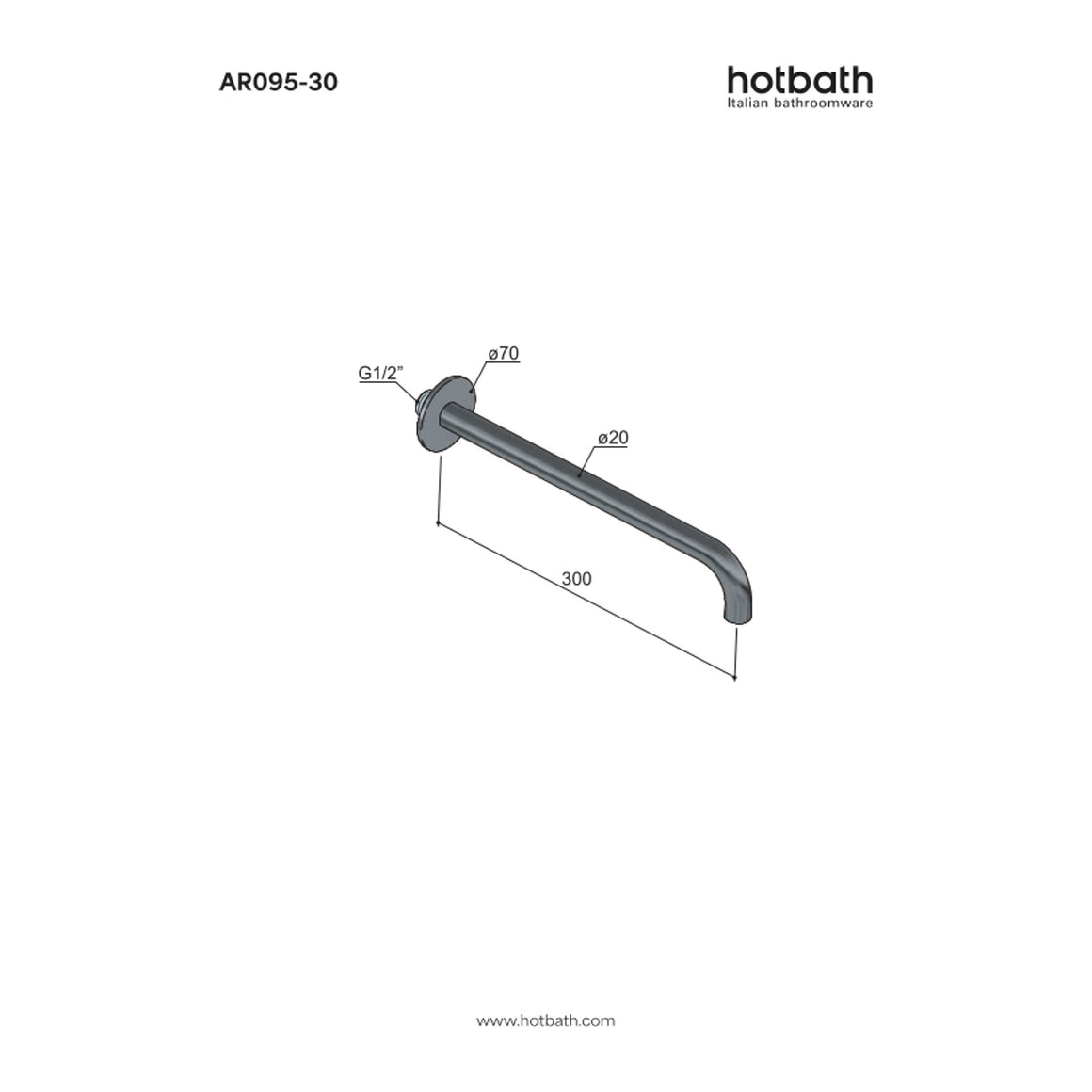 Hotbath Archie AR095 inbouw muuruitloop RVS 316 30 cm technische tekening