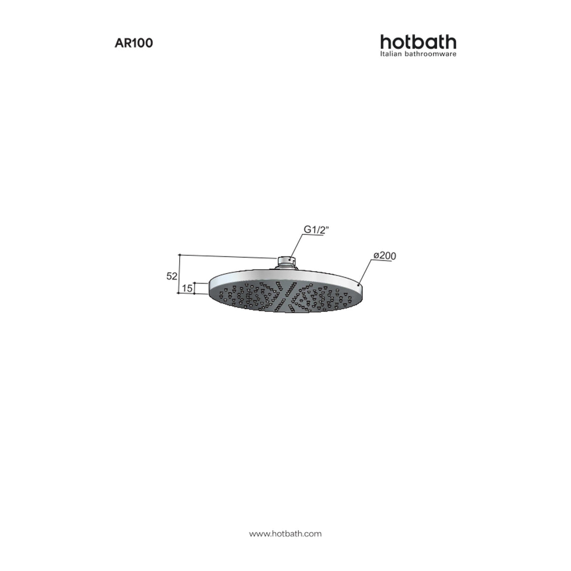 Hotbath Archie AR100 hoofddouche rond 20 cm RVS 316 technische tekening