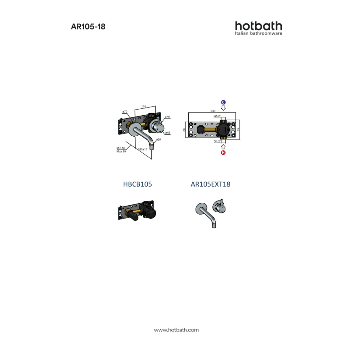 Hotbath Archie AR105 inbouw wastafelmengkraan 3+3 inbouwsysteem RVS 316 18 cm technische tekening
