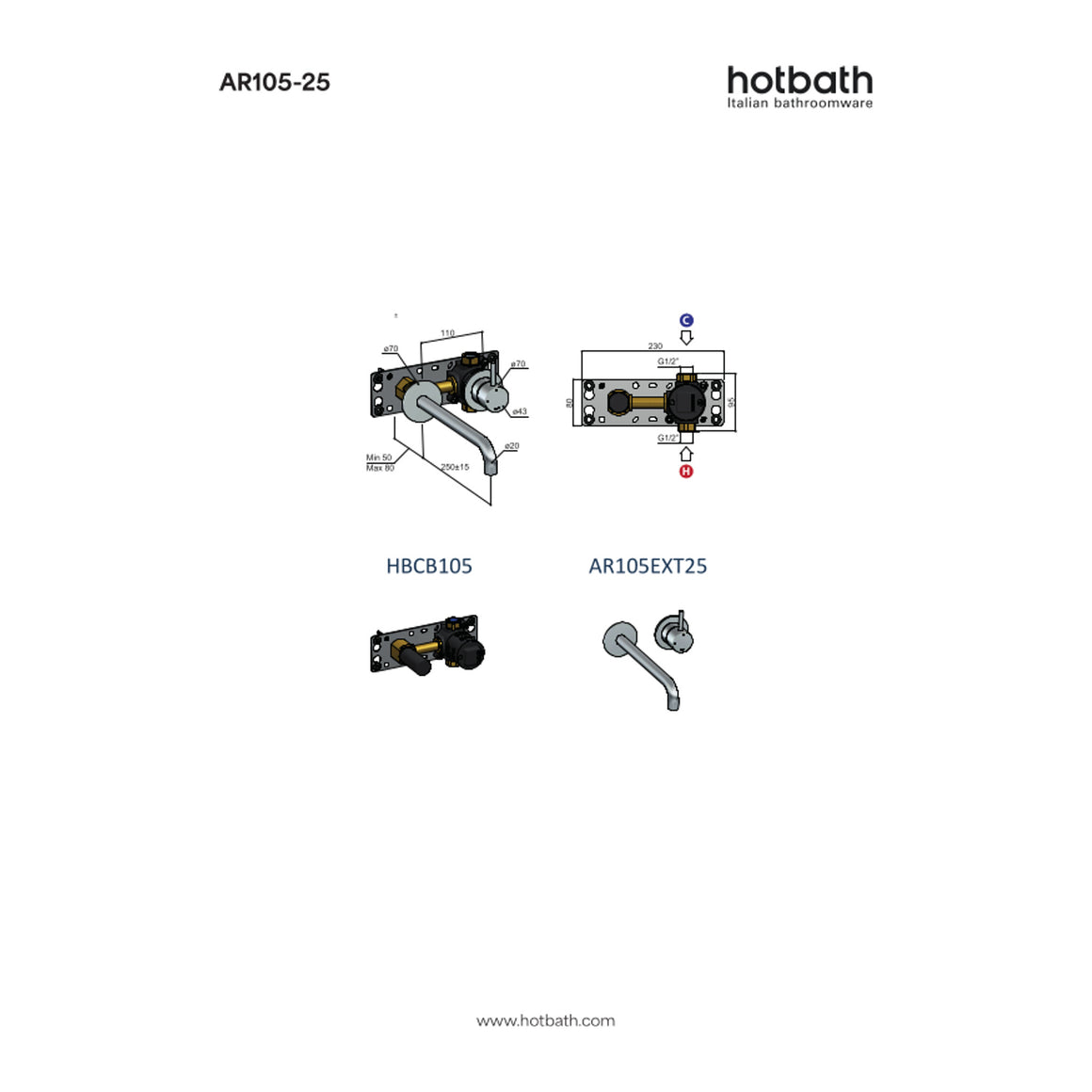 Hotbath Archie AR105 inbouw wastafelmengkraan 3+3 inbouwsysteem RVS 316 25 cm technische tekening