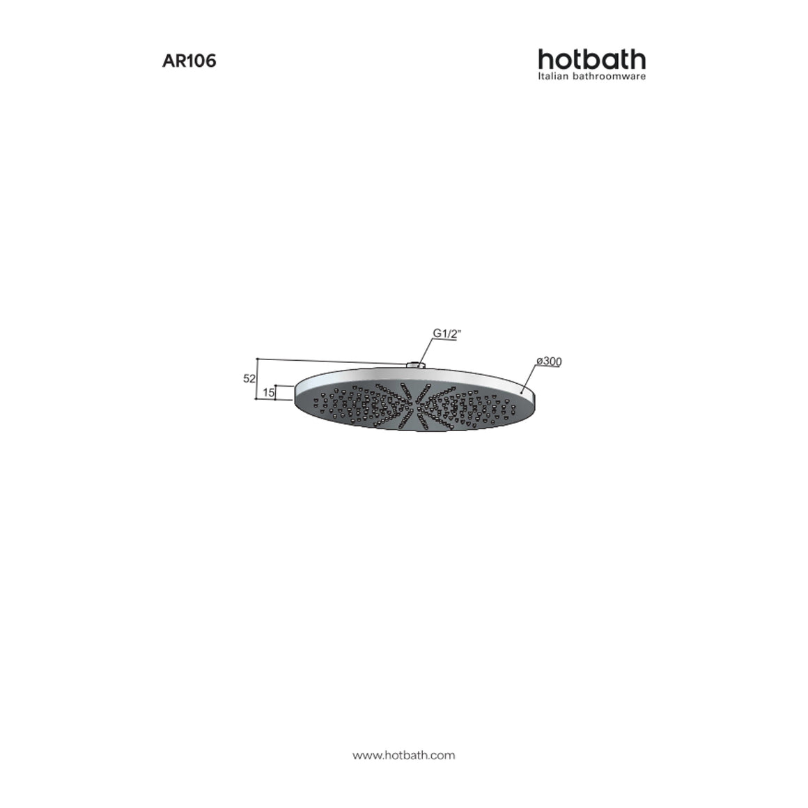 Hotbath Archie AR106 hoofddouche rond 30 cm RVS 316 technische tekening