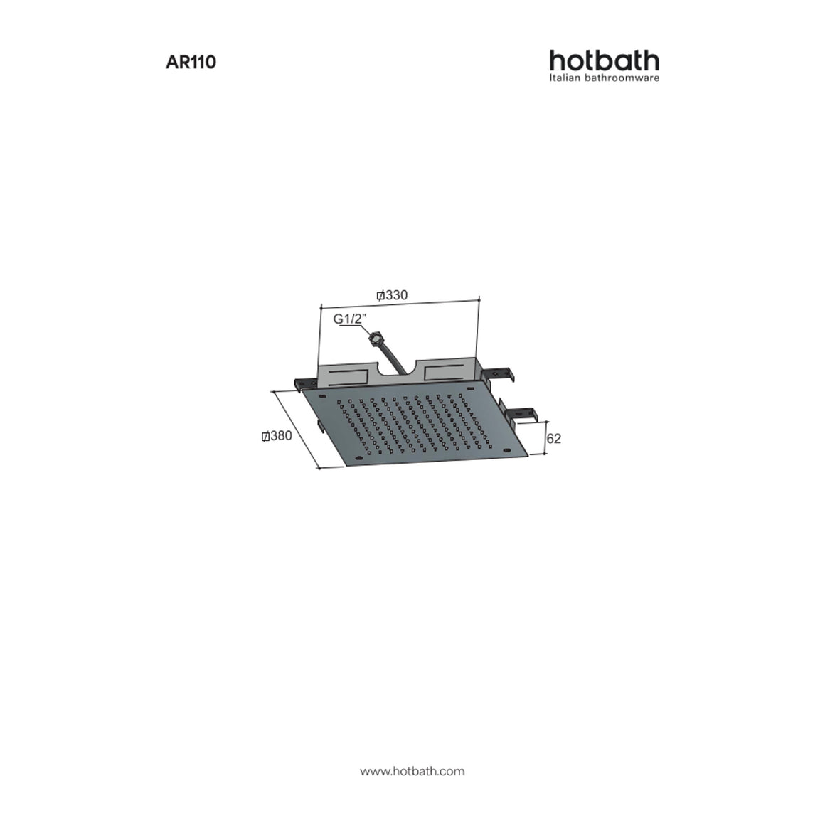 Hotbath Archie AR110 inbouw hoofddouche vierkant 38 cm RVS 316 technische tekening