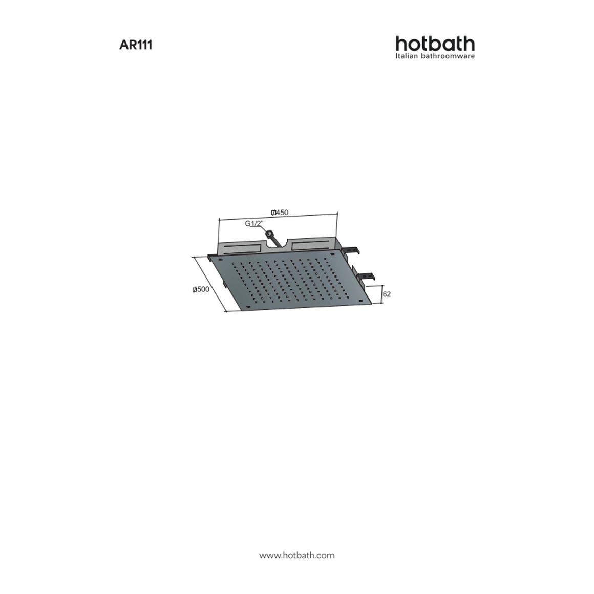 Hotbath Archie AR111 inbouw hoofddouche vierkant 50 cm RVS 316 technische tekening