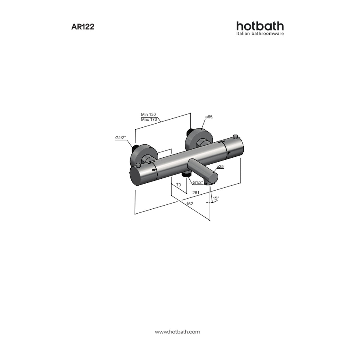 Hotbath Archie AR122 thermostatische badmengkraan met uitloop RVS 316 technische tekening