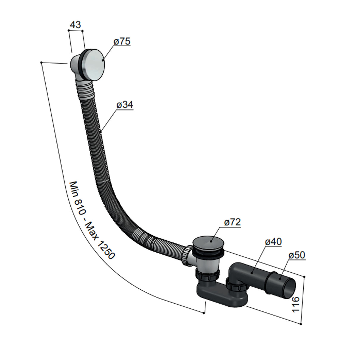 Hotbath Archie AR132 badoverloop verlengd RVS 316 Geborsteld RVS productfoto
