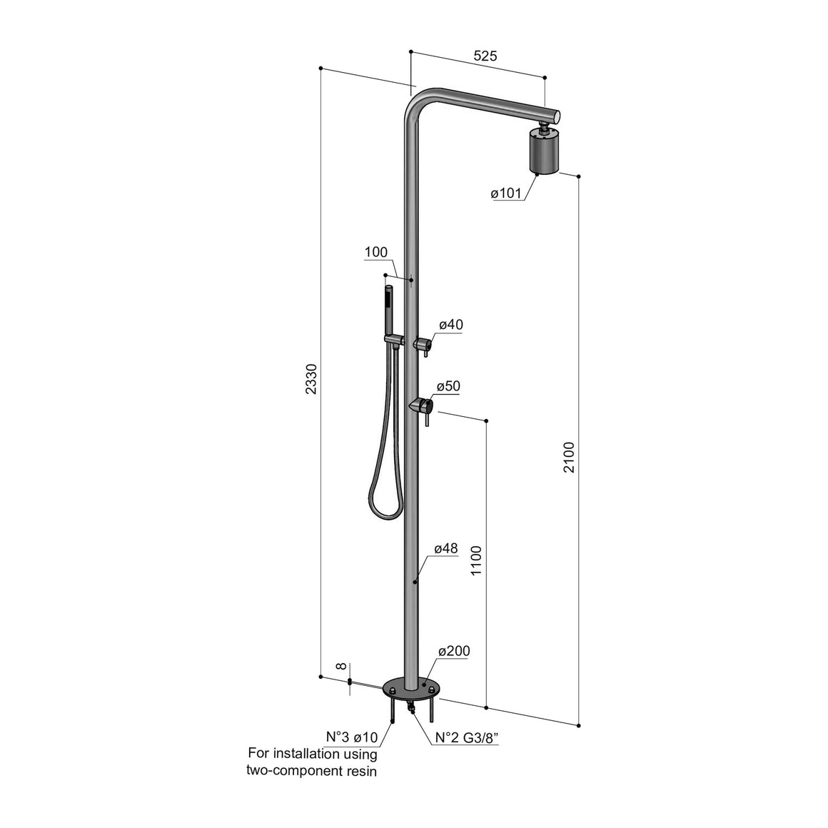 Hotbath Archie AR190 vrijstaande buitendouche met handdouche technische tekening