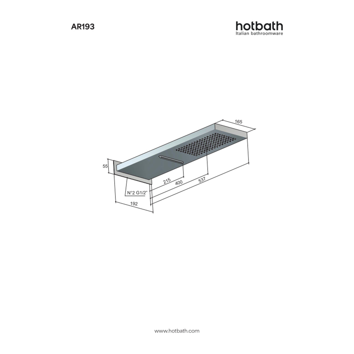 Hotbath Archie AR193 opbouw hoofddouche wandmodel met cascade RVS 316 technische tekening