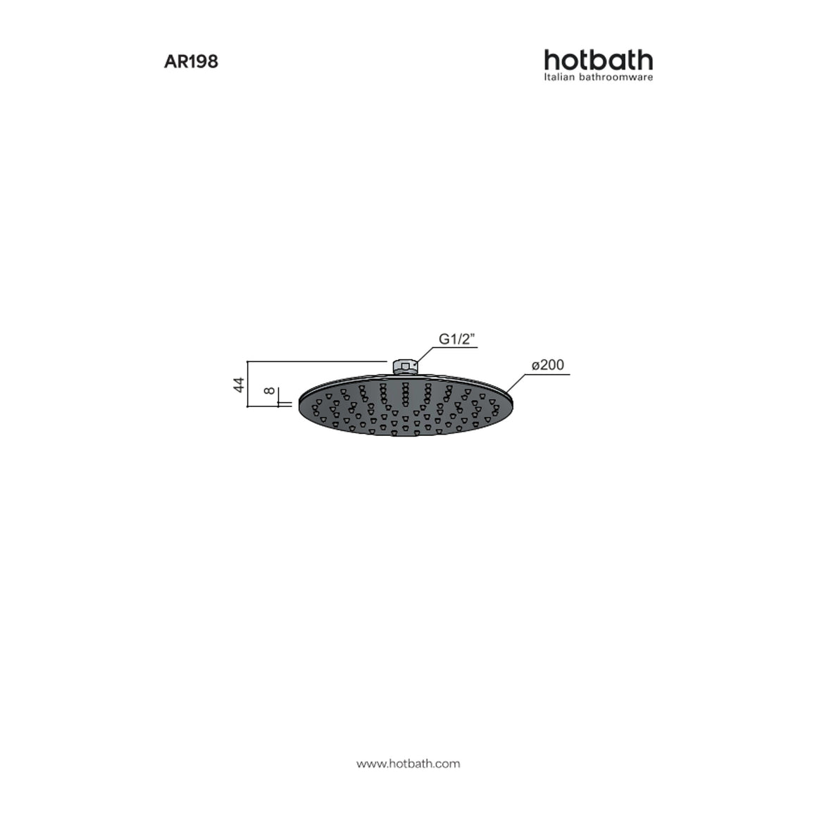 Hotbath Archie AR198 hoofddouche rond 20 cm extra dun RVS 316 technische tekening