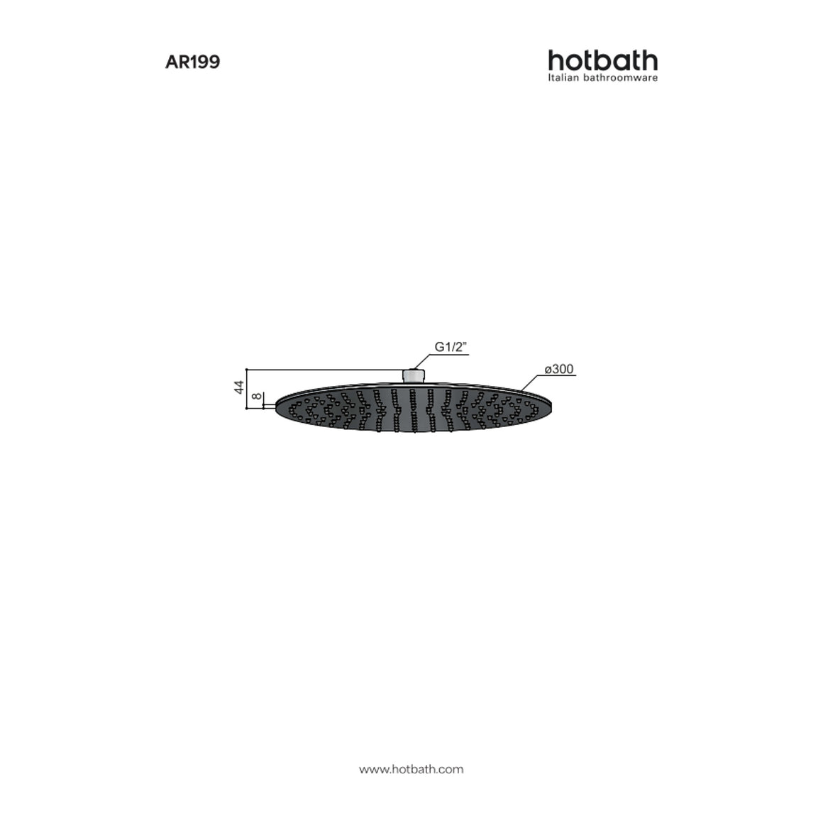 Hotbath Archie AR199 hoofddouche rond 30 cm extra dun RVS 316 technische tekening