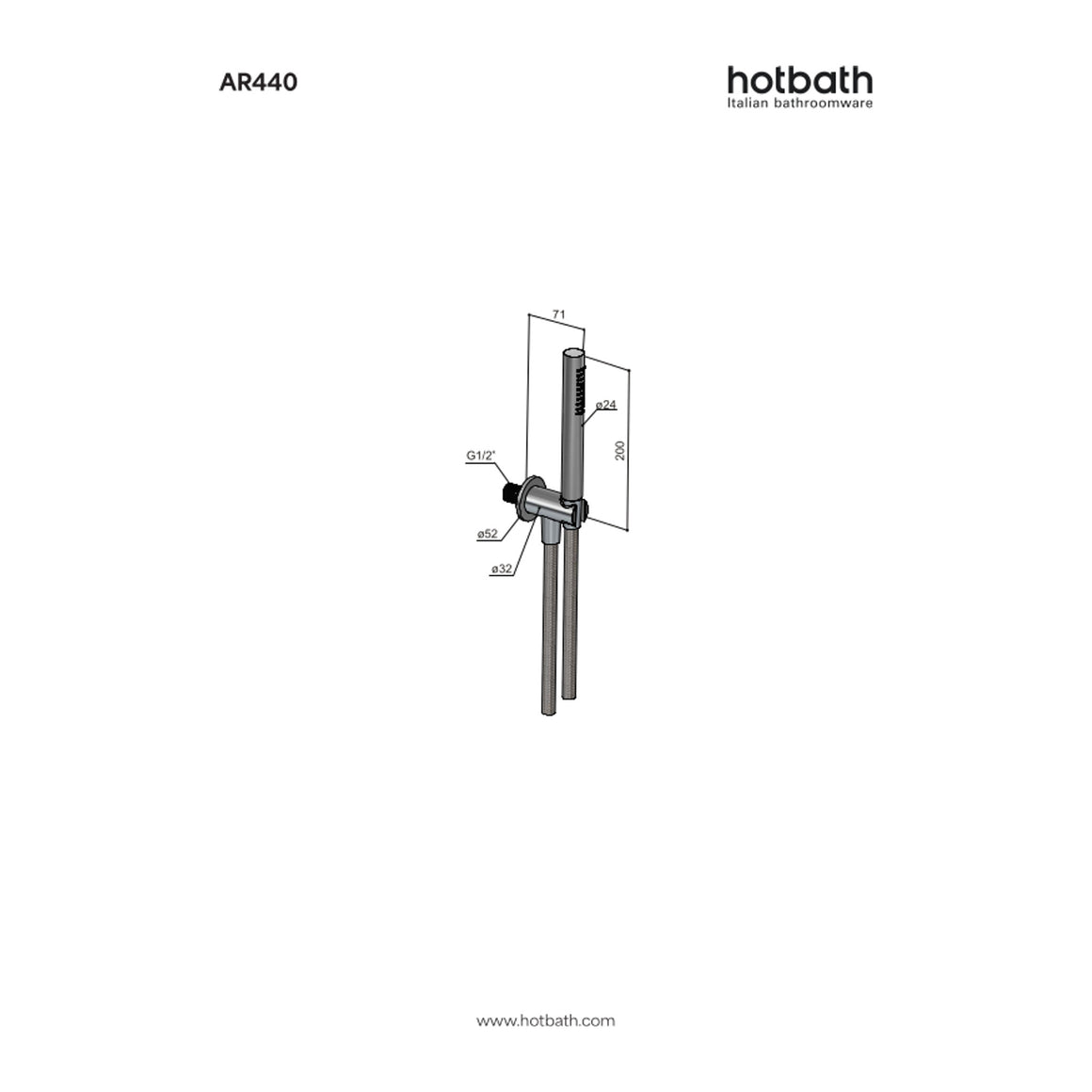 Hotbath Archie AR440 handdoucheset met wandhouder, wanduitlaat en doucheslang RVS 316 technische tekening