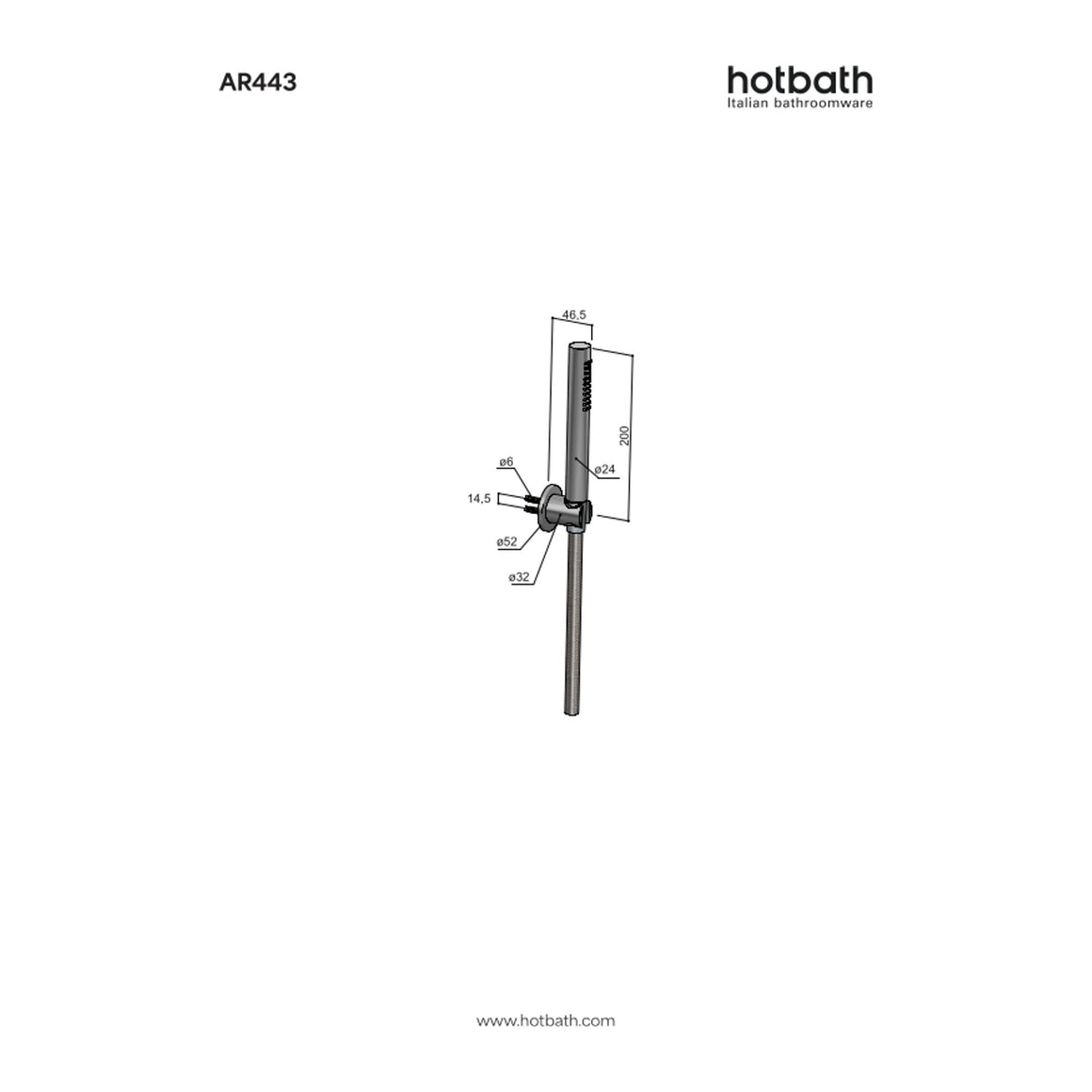 Hotbath Archie AR443 handdoucheset met wandhouder en doucheslang RVS 316 technische tekening