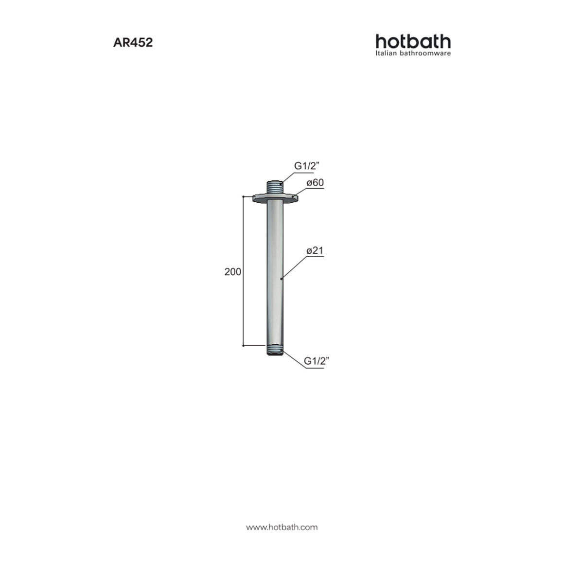 Hotbath Archie AR452 plafondbuis rond 20 cm RVS 316 technische tekening